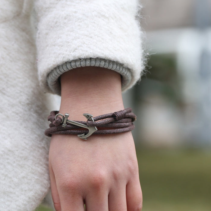 European American Wax Cord Anchor Bracelet Handmade Braided Nautical Style Jewelry Accessory