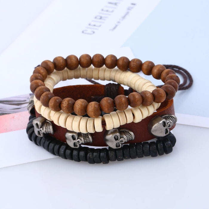 Simple Vintage Braided Genuine Cowhide Leather Multilayer Bracelet Set With Alloy Skull Charm