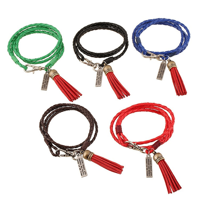 Bohemian Ethnic Style Handmade Braided Leather Wrap Bracelet Multi Strand Tassel Bangle