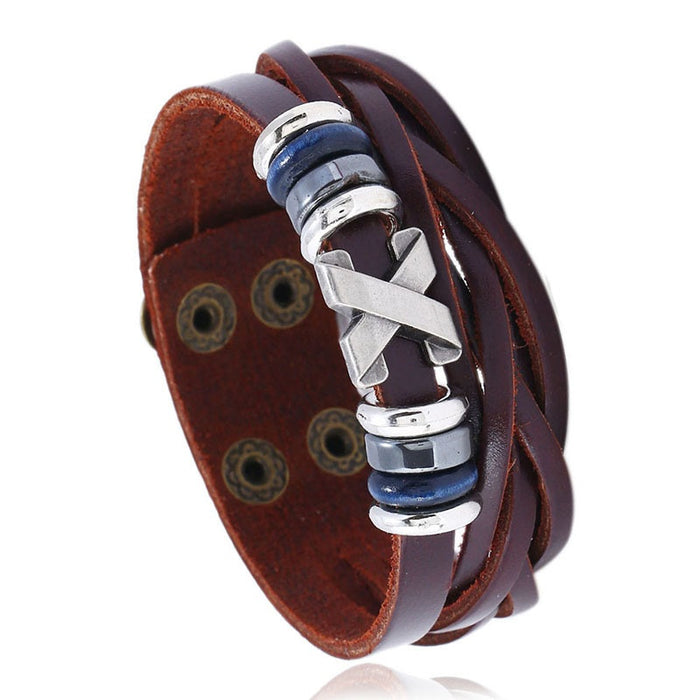 Korean Style Alloy Wide Genuine Leather Bracelet For Men, Simple Fashion Student Jewelry