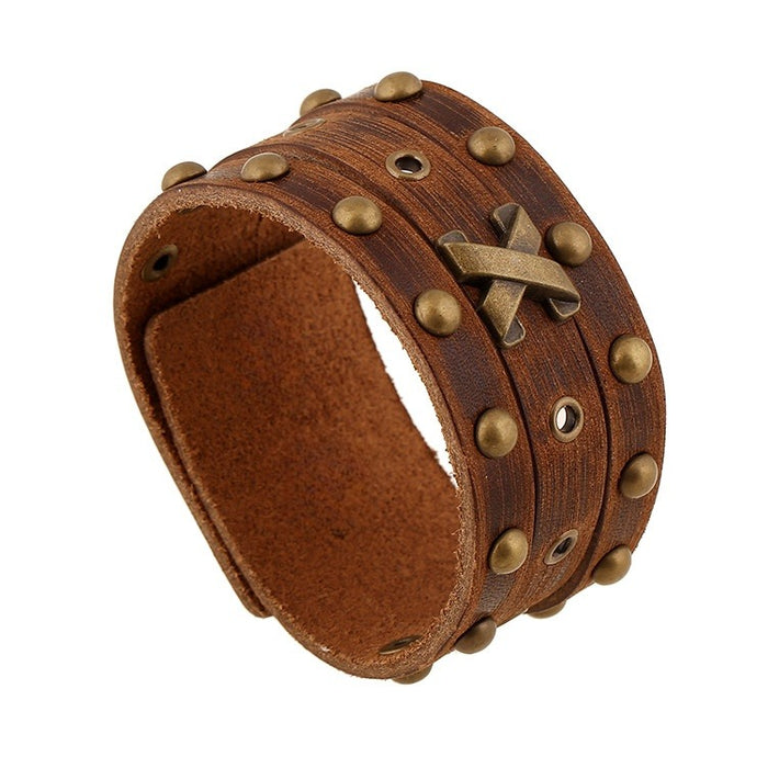 Vintage Cowhide Leather Bracelet With Rivets Punk Genuine Leather Wristband Jewelry
