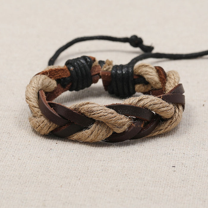 European Vintage Hemp Rope Braided Cowhide Bracelet Simple Multilayer Unisex Leather Accessory