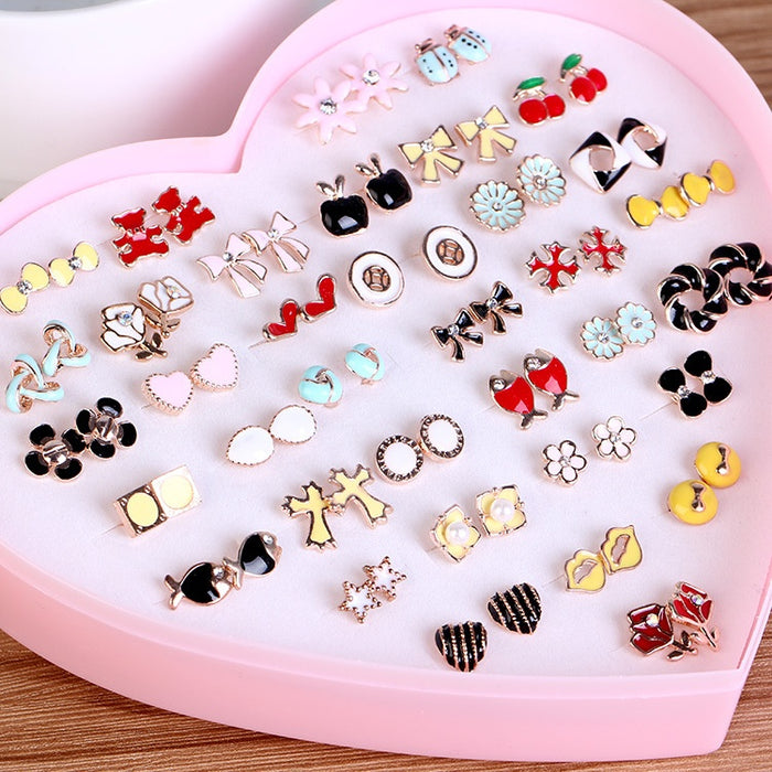 Colorful Enamel Alloy Stud Set With Bow Flower Cherry Heart Animal Shapes Boxed 36 Pairs Earrings