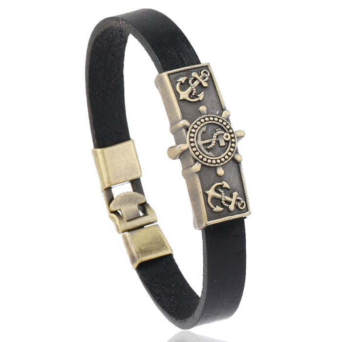 European American Nautical Beach Style Cowhide Leather Bracelet With Anchor And Ship Wheel