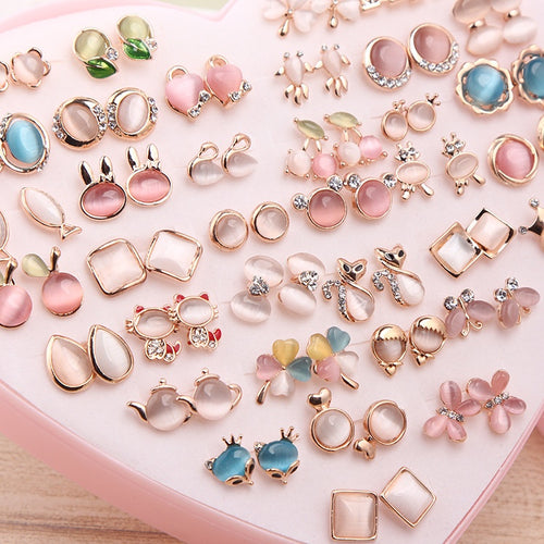 Elegant Korean Alloy Cat Eye Crystal Rhinestone Mixed Cartoon Flower Animal Stud Earrings