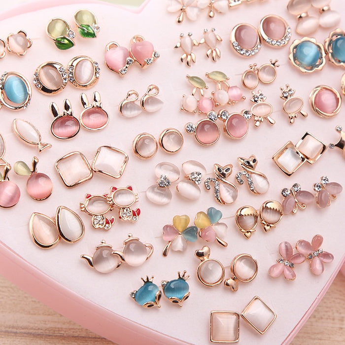 Elegant Korean Alloy Cat Eye Crystal Rhinestone Mixed Cartoon Flower Animal Stud Earrings