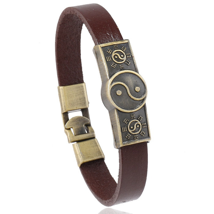Simple Retro Style Cowhide Leather Bracelet With Tai Chi Bagua Alloy Charm New Chinese Bangle