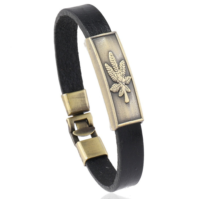 Men's Simple Vintage Distressed Cowhide Leather Bracelet With Alloy Maple Leaf Charm