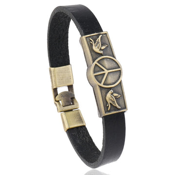 European American Vintage Casual Cowhide Leather Bracelet With Peace Sign Unisex Fashion Bangle