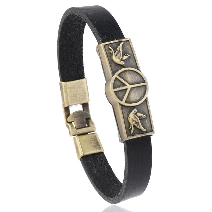 European American Vintage Casual Cowhide Leather Bracelet With Peace Sign Unisex Fashion Bangle