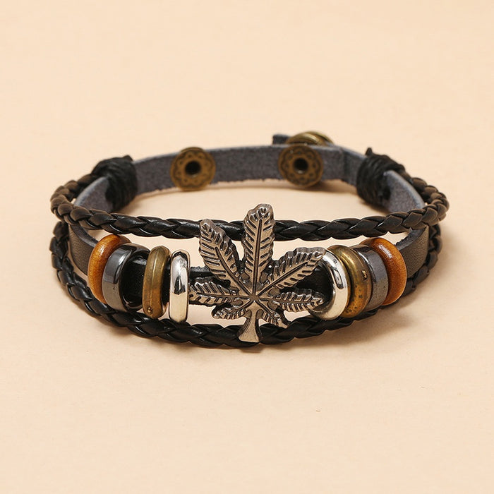 European American Fashion Multilayer Braided Leather Bracelet Maple Leaf Hip Hop Wristband