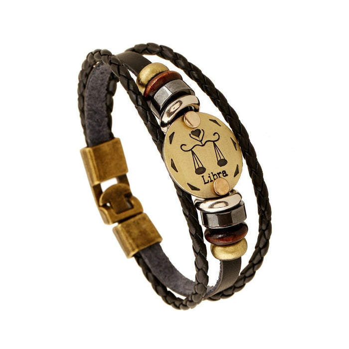 Libra Zodiac Vintage Braided Beaded Leather Bracelet Personalized Versatile Leather Bangle