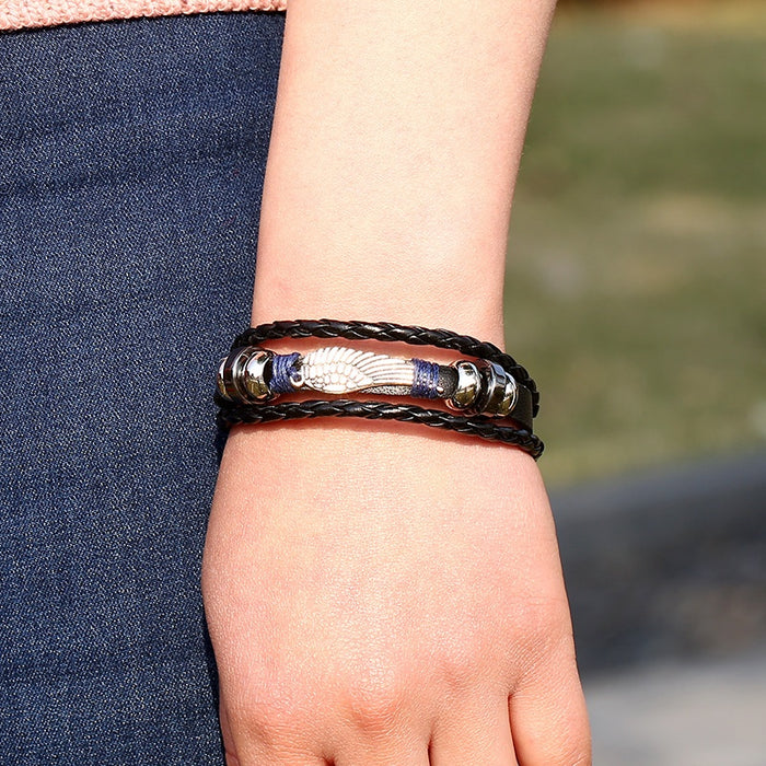 European American Braided Cowhide Leather Bracelet With Wing Charm Tourist Jewelry