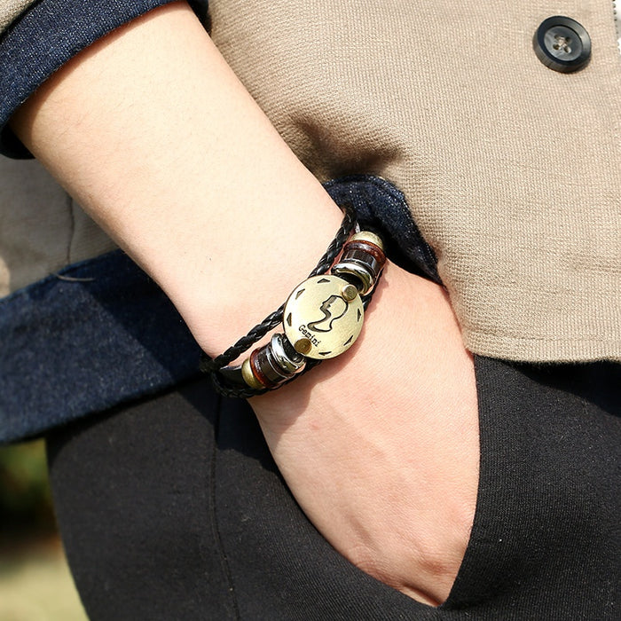 Gemini Zodiac Genuine Leather Braided Bracelet Twelve Constellation Men Jewelry Birthday Gift