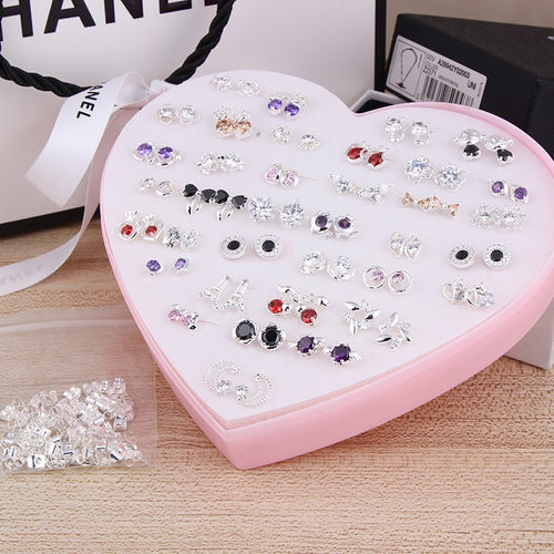 Elegant Korean Style Alloy Zircon Heart Star Flower Stud Set, 36 Pairs Assorted Fashion Earrings