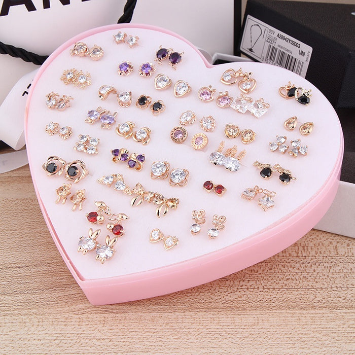 Elegant Korean Style Alloy Zircon Heart Star Flower Stud Set, 36 Pairs Assorted Fashion Earrings