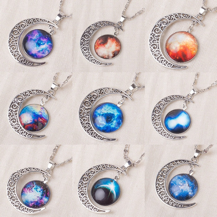 European Fashion Starry Sky Moon Time Pendant Necklace Trendy Celestial Jewelry