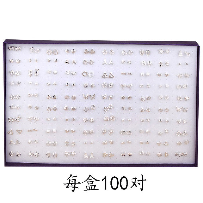 100 Pairs Korean Mixed Alloy Rhinestone Pearl Star Flower Heart Stud Set Elegant Earrings