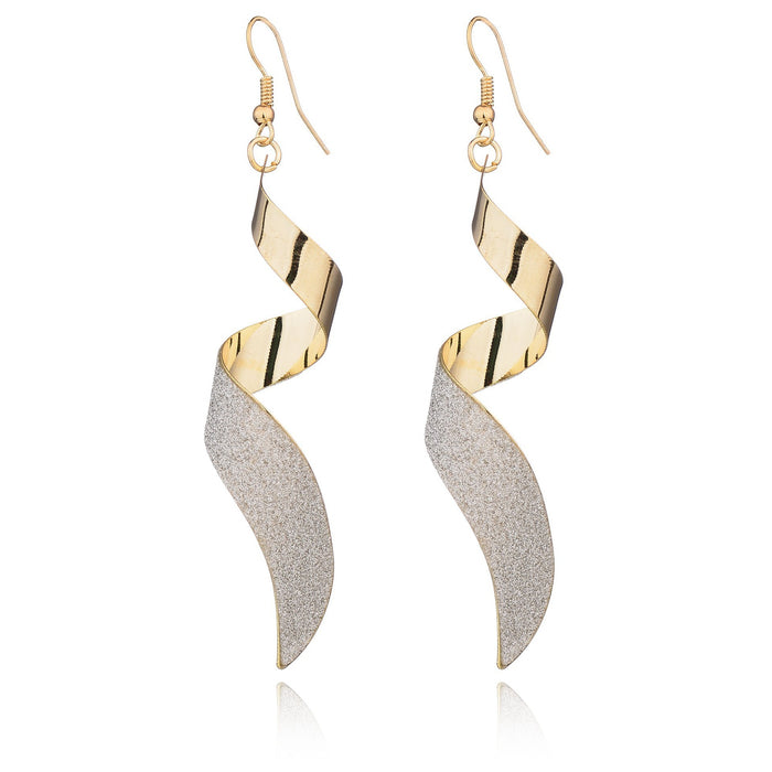 Two Tone Spiral Ribbon Long Statement Hook Earrings