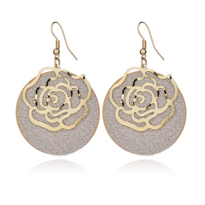 Three Color Rose Cutout Round Disc Long Hook Earrings