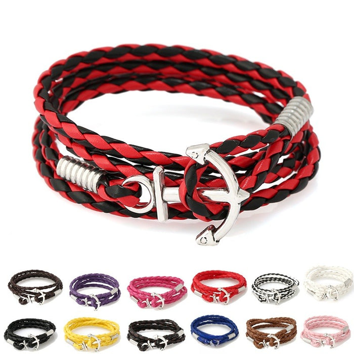 Personalized Multi Wrap Nautical Navy Style PU Leather Bracelet With Simple Anchor Charm