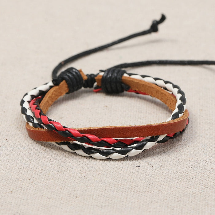 European American New Vintage Braided Cowhide Leather Multi Layer Adjustable Bracelet Accessory