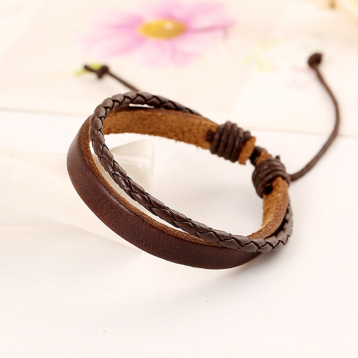 Simple Multi Layer Handmade Braided Cowhide Leather Bracelet Vintage European Wristband