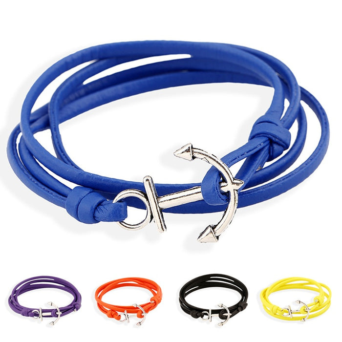 European American Vintage Nautical PU Leather Bracelet Adjustable Double Wrap Alloy Wristband
