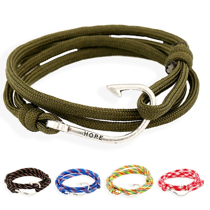 Nautical Navy Style Alloy Fish Hook Braided Nylon Cord Bracelet For Cross Border Supply