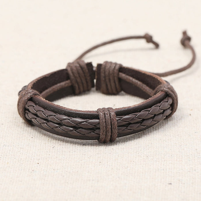 Handmade Braided Cowhide Leather Bracelet Adjustable Simple PU Leather Wristband Accessory