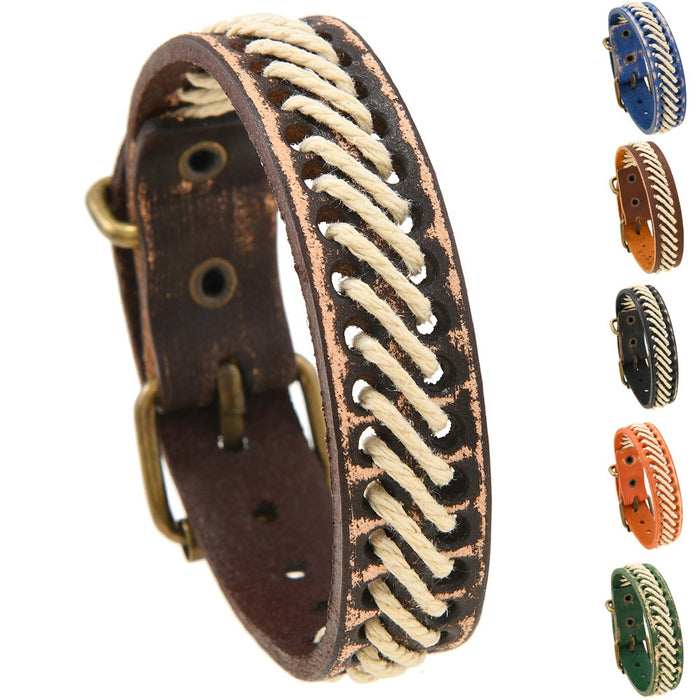 Handmade Woven Vintage Cowhide Leather Bracelet Adjustable Hip Hop Wristband Accessory