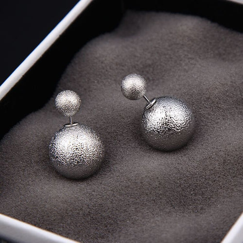 Vintage Frosted Metallic Alloy Double Ball Front Back Studs, Sweet Summer Fashion Pearl Style Earrings