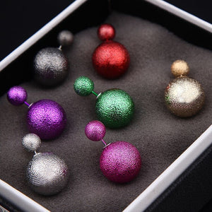 Vintage Frosted Metallic Alloy Double Ball Front Back Studs, Sweet Summer Fashion Pearl Style Earrings