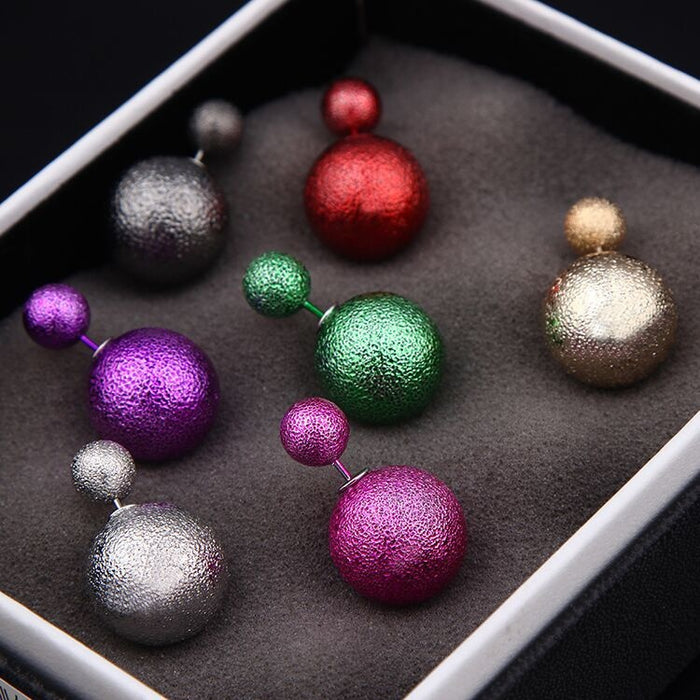 Vintage Frosted Metallic Alloy Double Ball Front Back Studs, Sweet Summer Fashion Pearl Style Earrings