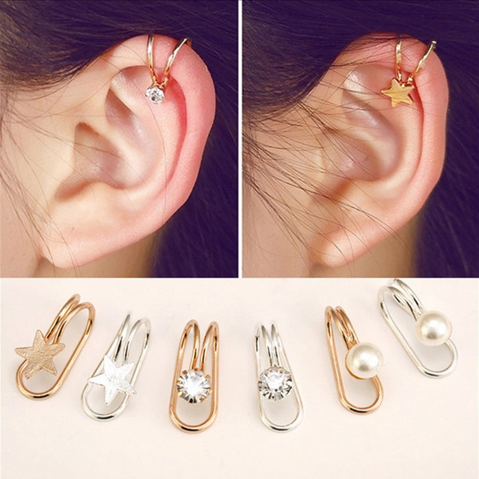 Korean Creative Pearl Stud Earrings Single U Shaped Ear Clip With Star And Solitaire Accent