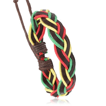 Jamaica Red Yellow Green Vintage Braided Cowhide Bracelet Simple Multilayer Colorful Women Bangle