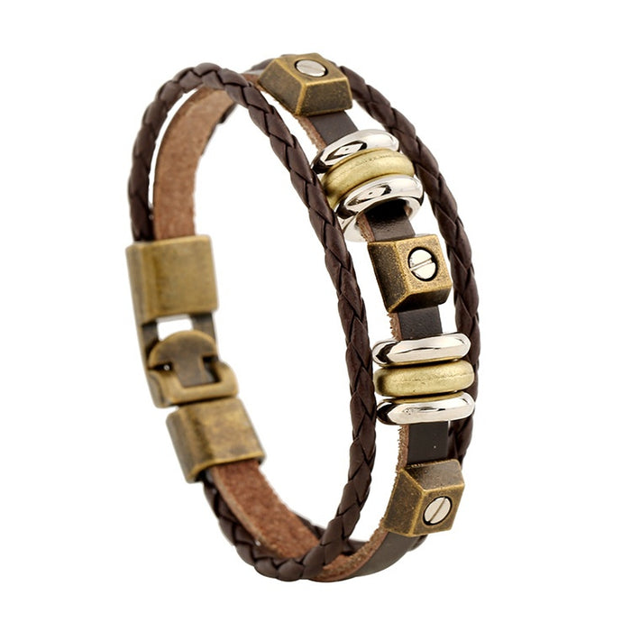 Punk Vintage Braided Cowhide Leather Bracelet, Personalized Fashion Leather Wristband