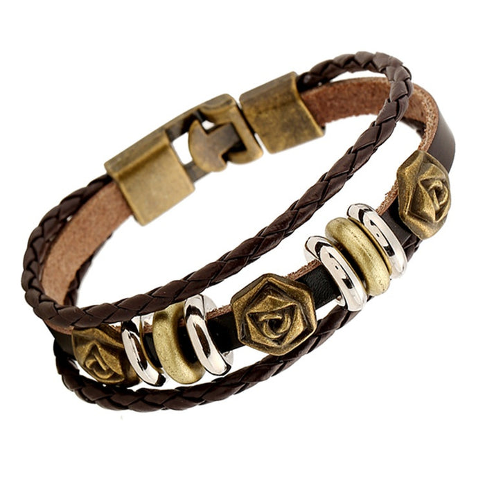 Punk Vintage Rose Braided Cowhide Leather Bracelet, Fashion Genuine Leather Wristband