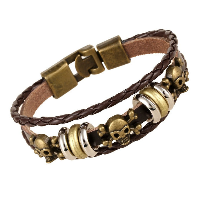 Punk Vintage Alloy Skull Braided Genuine Cowhide Leather Bracelet With Toggle Clasp