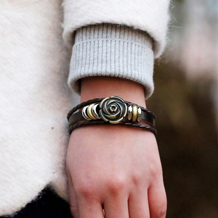 Punk Vintage Alloy Flower Braided Cowhide Leather Bracelet Fashion Genuine Leather Jewelry