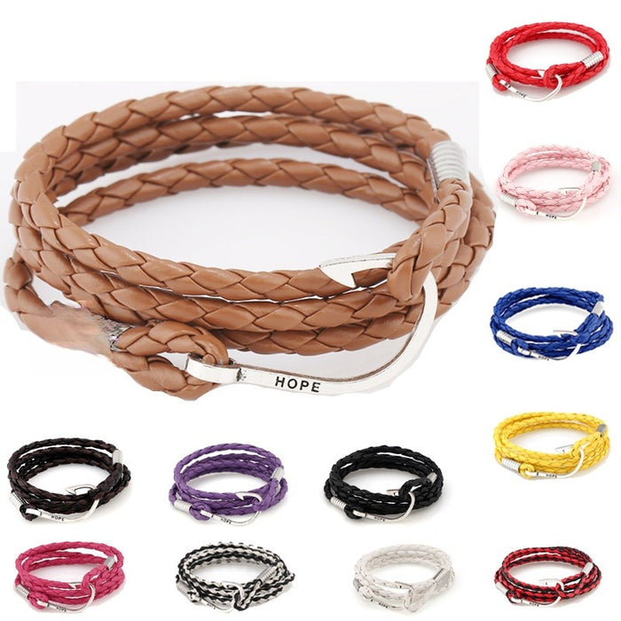 Fashion PU Leather Multi Layer Braided Fish Hook Bracelet Nautical Navy Style Jewelry