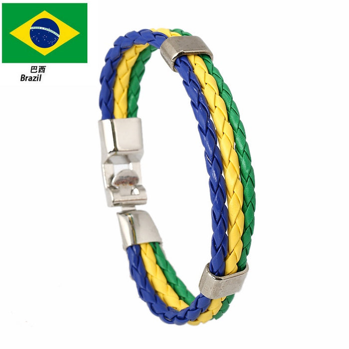Braided PU Leather National Flag Color Bracelet, World Cup Country Theme Wristband Bangle