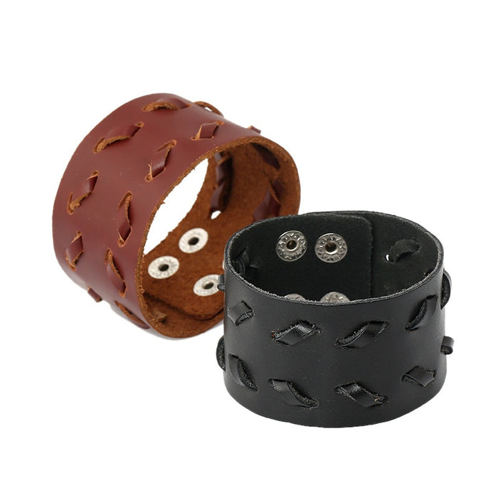 Punk Wide Braided Genuine Cowhide Leather Bracelet For Men, Vintage Leather Cuff Bangle