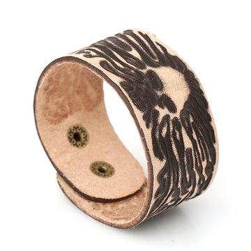 Vintage Skull Branded Genuine Cowhide Leather Bracelet For Men, Punk Cuff Bangle Jewelry