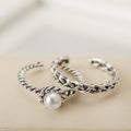 Korean Vintage Silver Braided Twist Open Ring With Inlaid Pearl For Women Fashion Jewelry view 4