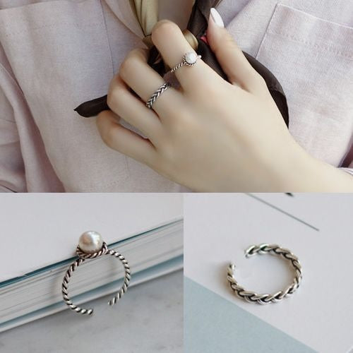 Korean Vintage Silver Braided Twist Open Ring With Inlaid Pearl For Women Fashion Jewelry