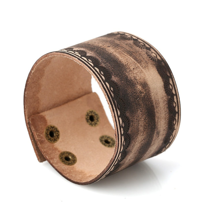 Punk Wide Cowhide Leather Bracelet With Vintage Burnished Pattern, Men's Genuine Leather Wristband