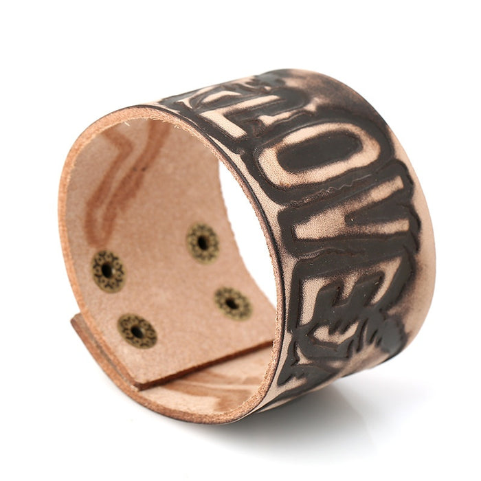 Punk Vintage Cowhide Leather Bracelet With Branded LOVE Pattern, Men's Genuine Leather Bangle