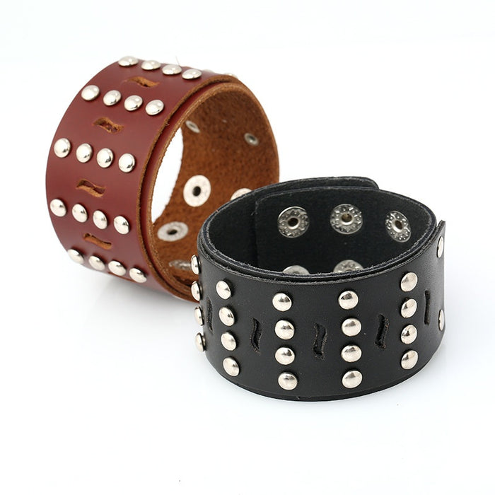 Vintage Multi Layer Studded Cowhide Leather Wide Bracelet For Men Punk Bar Club Jewelry