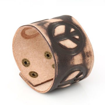 Punk Vintage Branded Peace Cowhide Leather Bracelet For Men, Genuine Leather Bangle Wristband